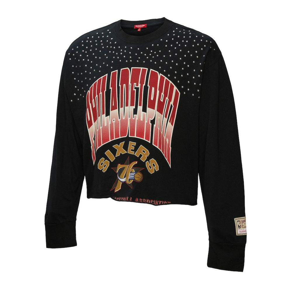 Mitchell & Ness Philadelphia 76ers Women's Hardwood Classics Studded Boxy Cropped Long Sleeve T-Shirt Black