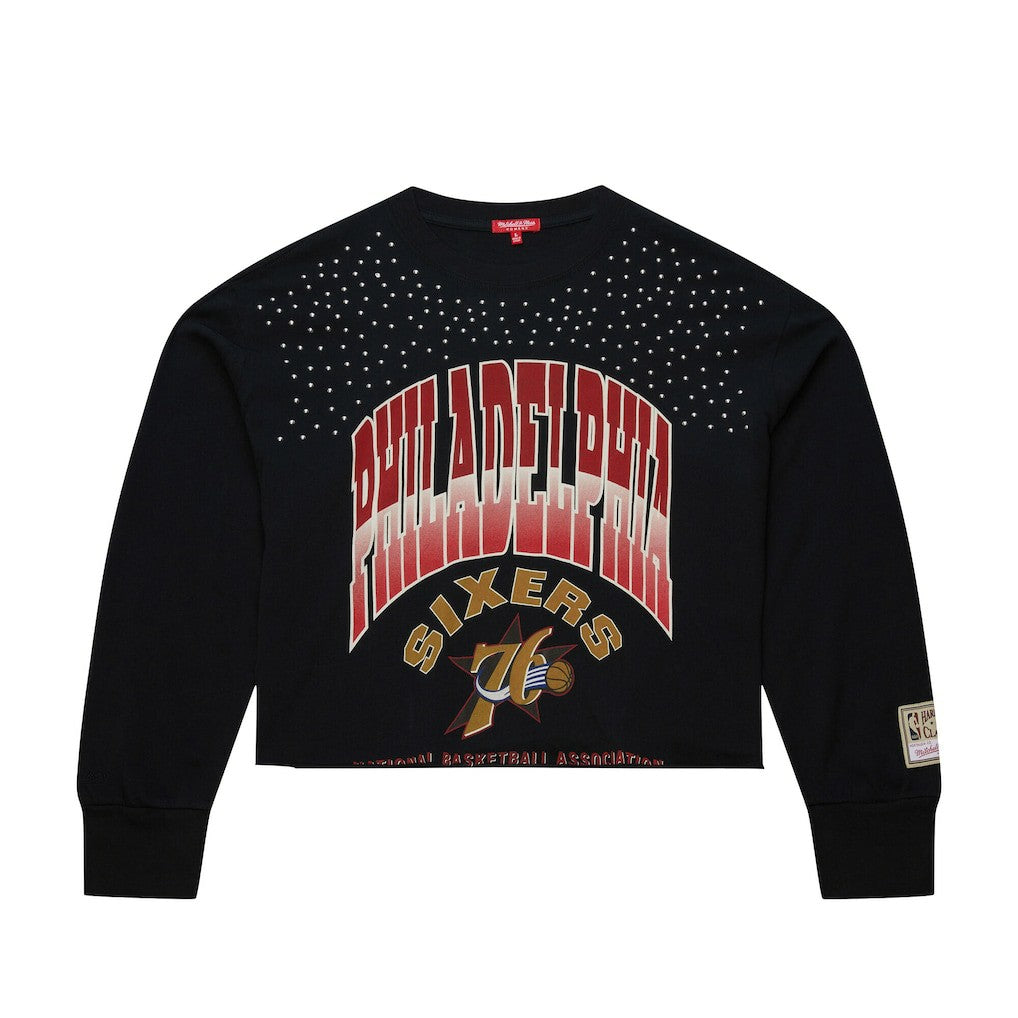Mitchell & Ness Philadelphia 76ers Women's Hardwood Classics Studded Boxy Cropped Long Sleeve T-Shirt Black