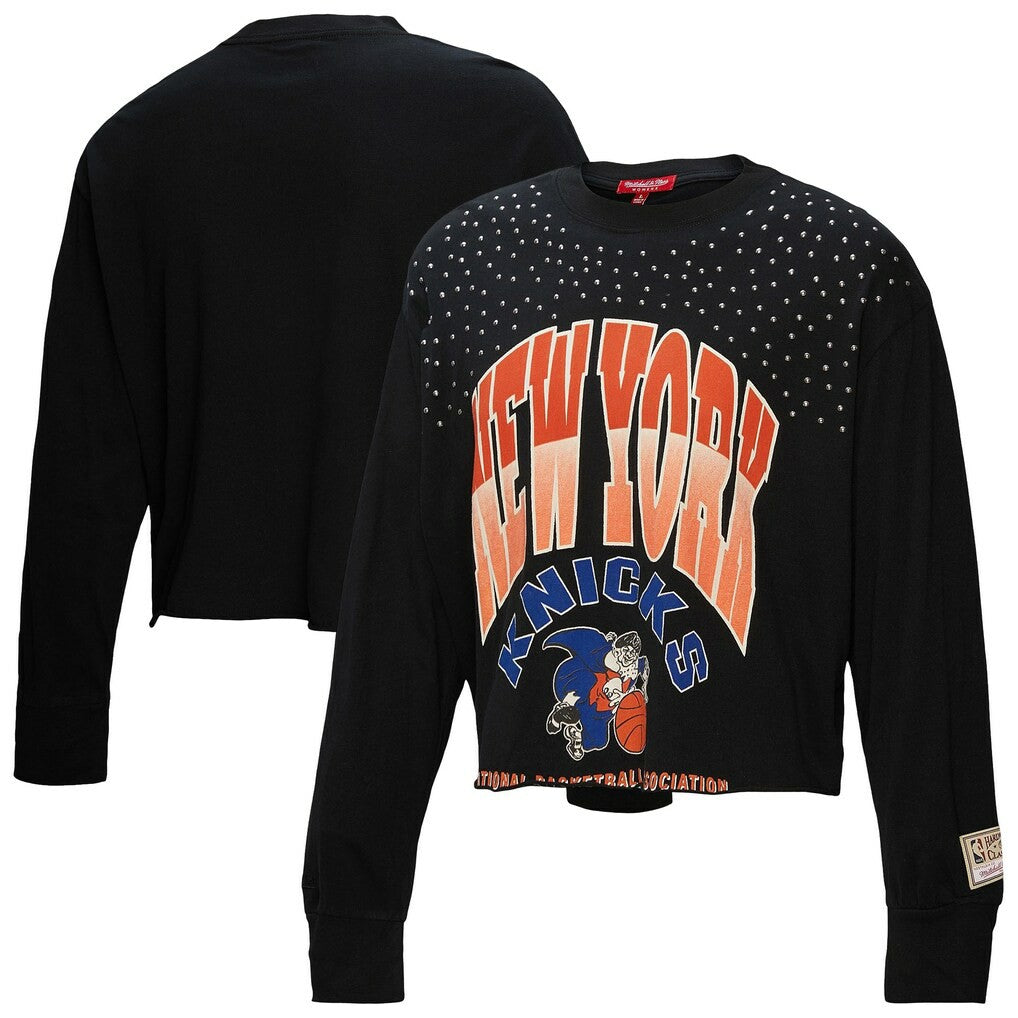 Mitchell & Ness New York Knicks Women's Hardwood Classics Studded Boxy Cropped Long Sleeve T-Shirt Black