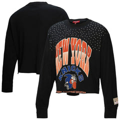 Mitchell & Ness New York Knicks Women's Hardwood Classics Studded Boxy Cropped Long Sleeve T-Shirt Black