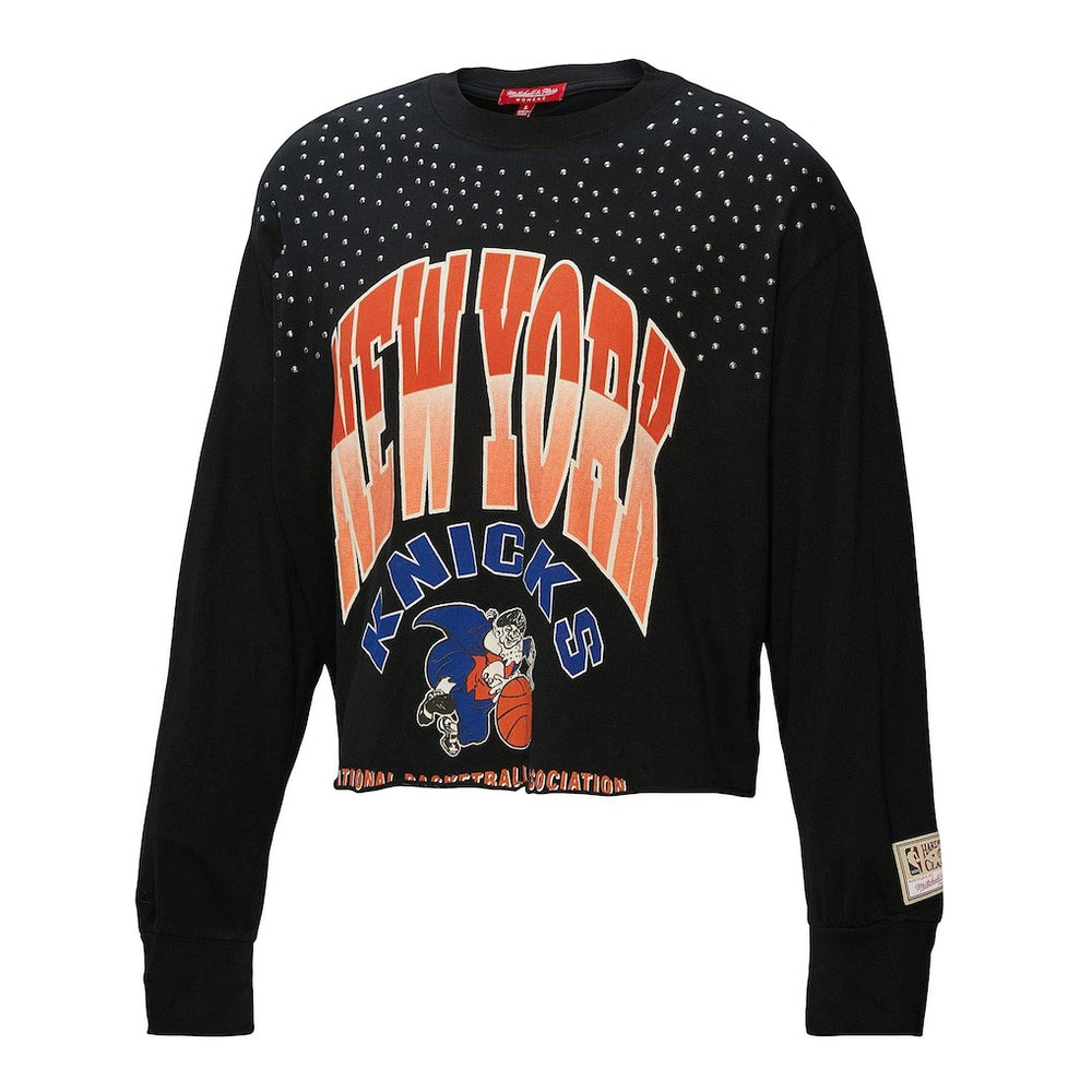 Mitchell & Ness New York Knicks Women's Hardwood Classics Studded Boxy Cropped Long Sleeve T-Shirt Black