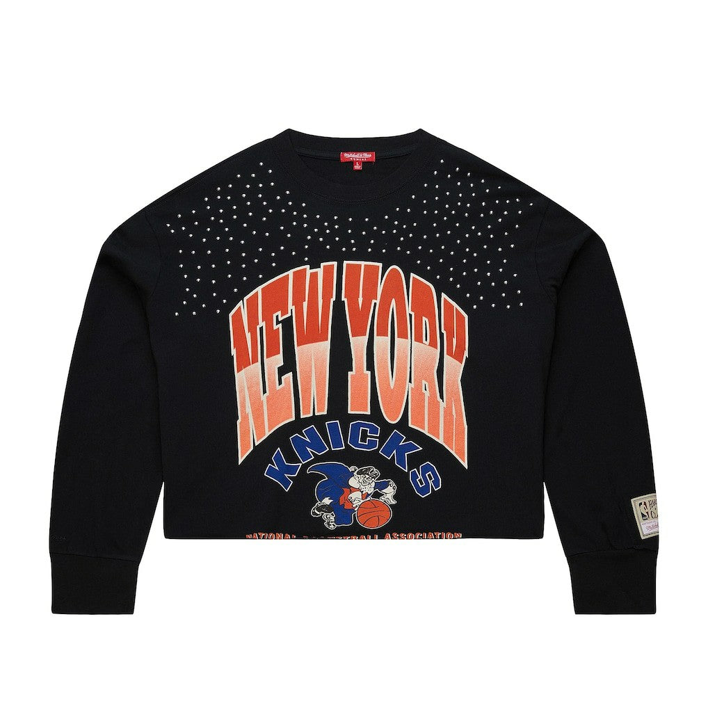 Mitchell & Ness New York Knicks Women's Hardwood Classics Studded Boxy Cropped Long Sleeve T-Shirt Black