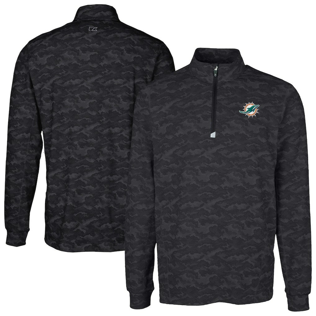Miami Dolphins Cutter & Buck Big & Tall Traverse Eco Camo Tri-Blend DryTec Quarter-Zip Jacket - Black - NFL