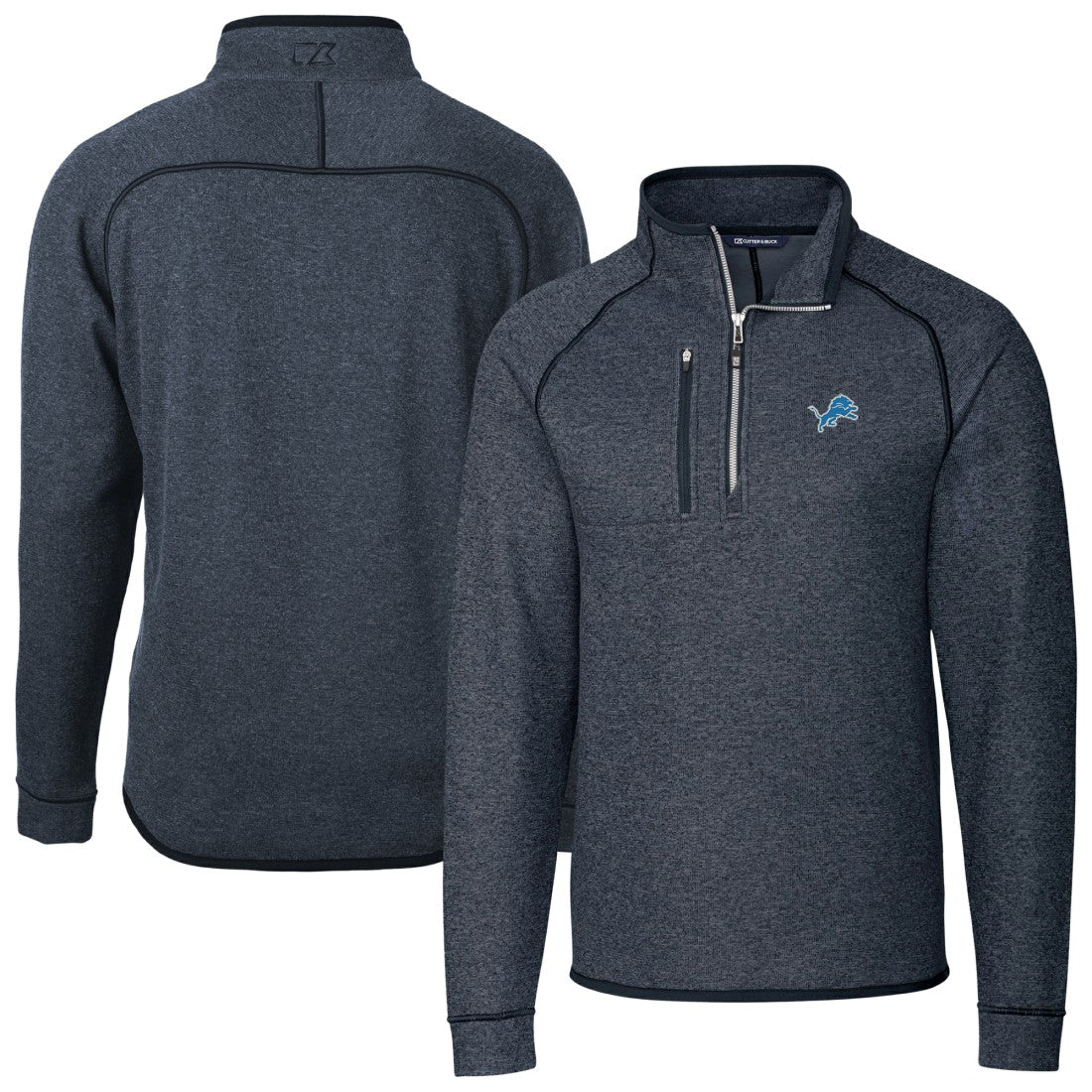 Detroit Lions Cutter & Buck Big & Tall Mainsail Sweater-Knit Raglan Half-Zip Jacket - Heather Navy - NFL