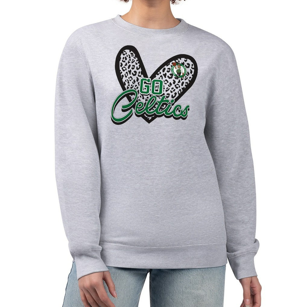 Boston Celtics G-III 4Her by Carl Banks Women's Leopard Heart Fleece Pullover Sweatshirt Heather Gray