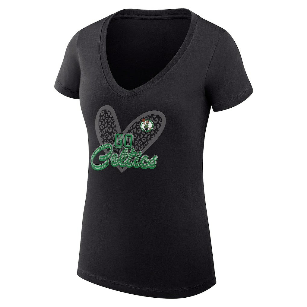Boston Celtics G-III 4Her by Carl Banks Women's Super-Slim Fit Lightweight Leopard Heart V-Neck T-Shirt Black