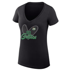 Boston Celtics G-III 4Her by Carl Banks Women's Super-Slim Fit Lightweight Leopard Heart V-Neck T-Shirt Black