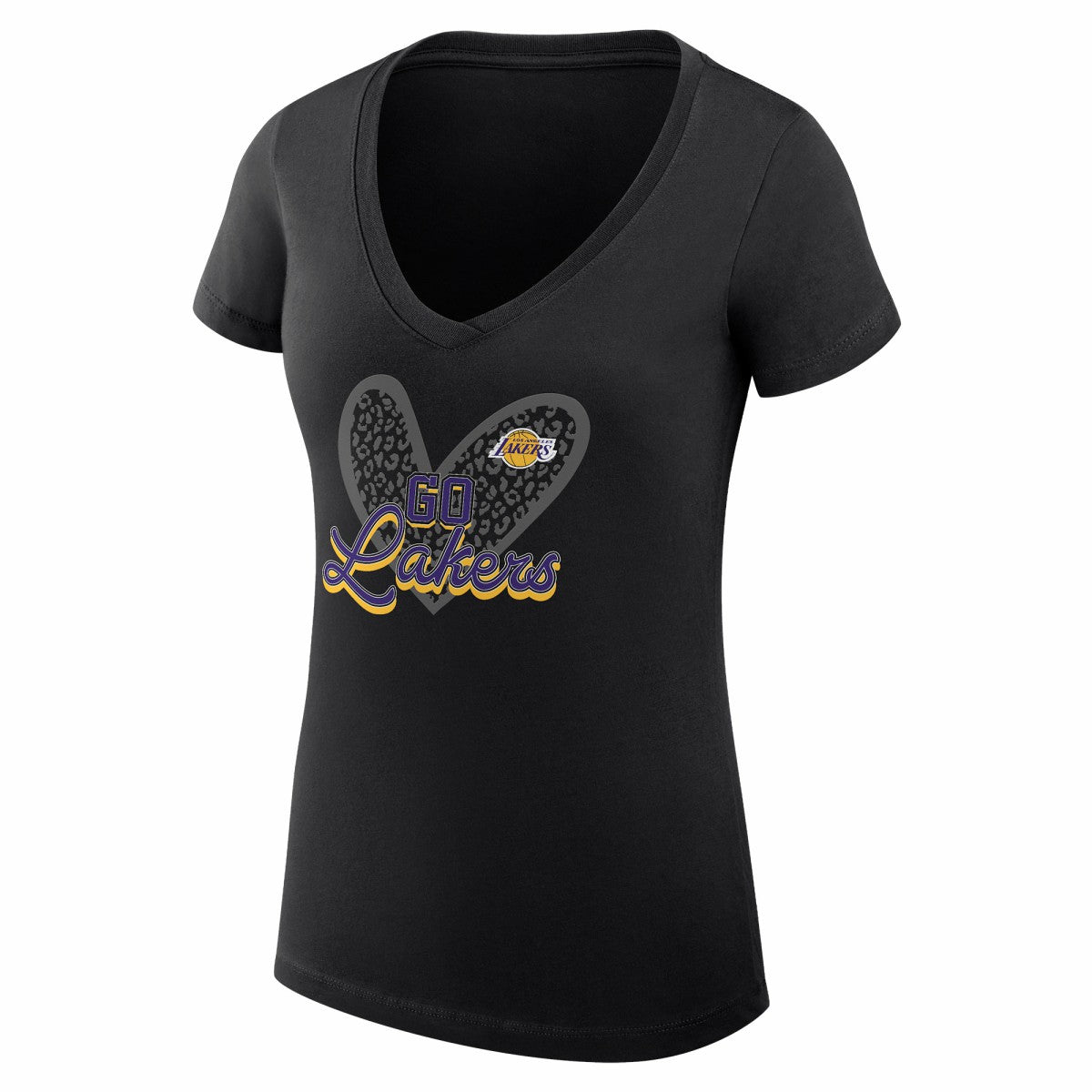 Los Angeles Lakers G-III 4Her by Carl Banks Women's Super-Slim Fit Lightweight Leopard Heart V-Neck T-Shirt Black