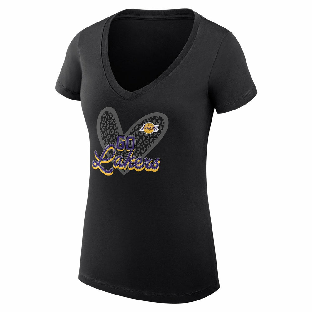 Los Angeles Lakers G-III 4Her by Carl Banks Women's Super-Slim Fit Lightweight Leopard Heart V-Neck T-Shirt Black