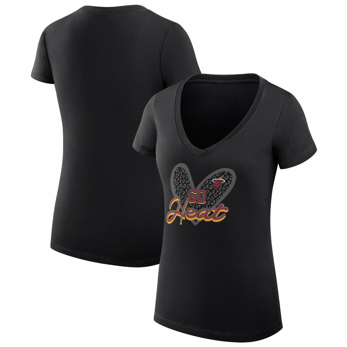 Miami Heat G-III 4Her by Carl Banks Women's Super-Slim Fit Lightweight Leopard Heart V-Neck T-Shirt Black