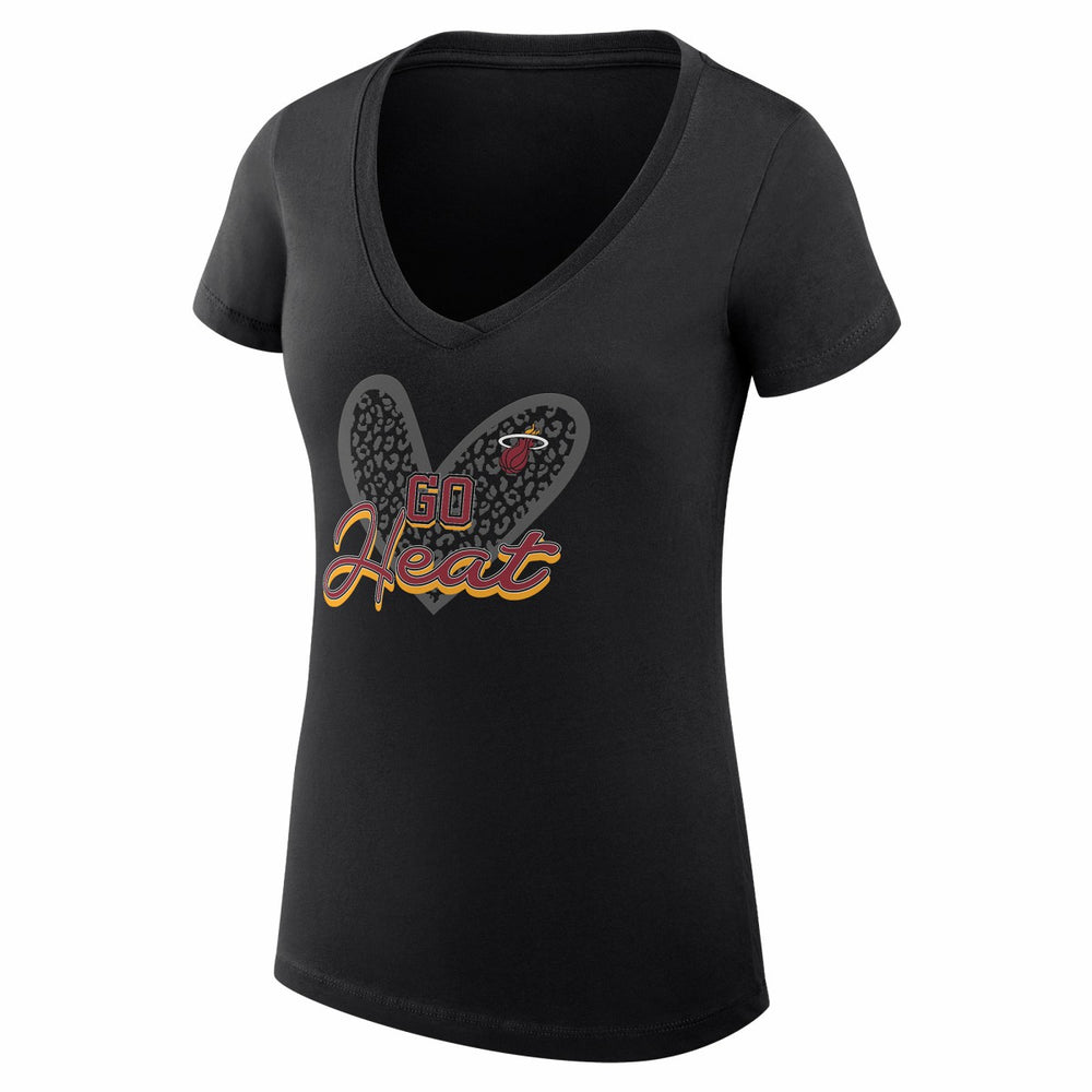Miami Heat G-III 4Her by Carl Banks Women's Super-Slim Fit Lightweight Leopard Heart V-Neck T-Shirt Black