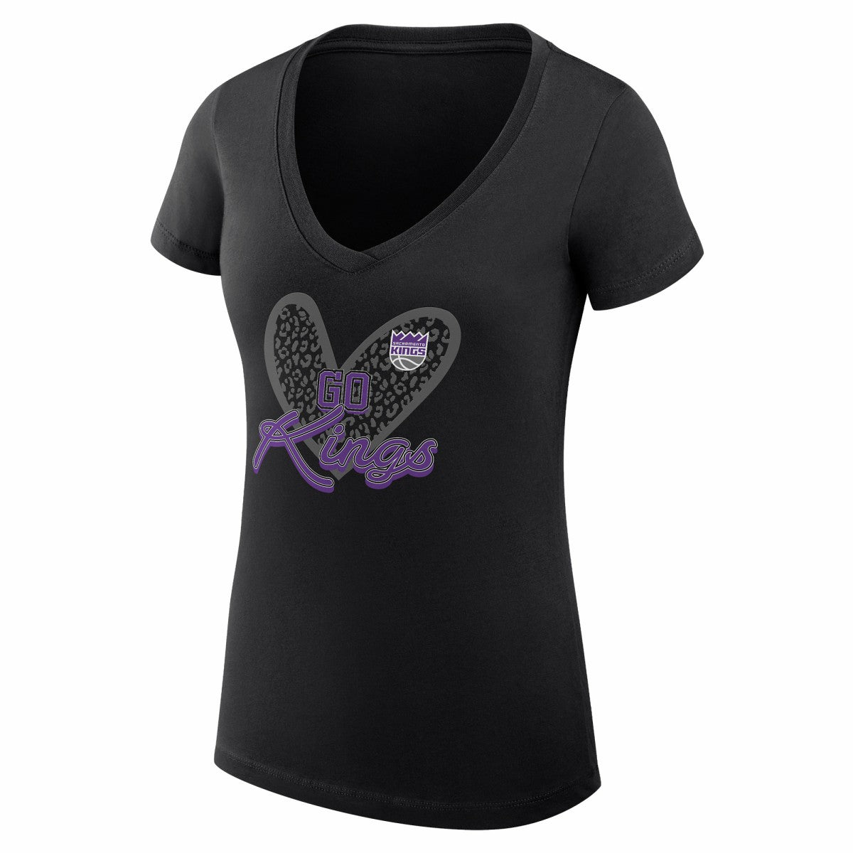 Sacramento Kings G-III 4Her by Carl Banks Women's Super-Slim Fit Lightweight Leopard Heart V-Neck T-Shirt Black