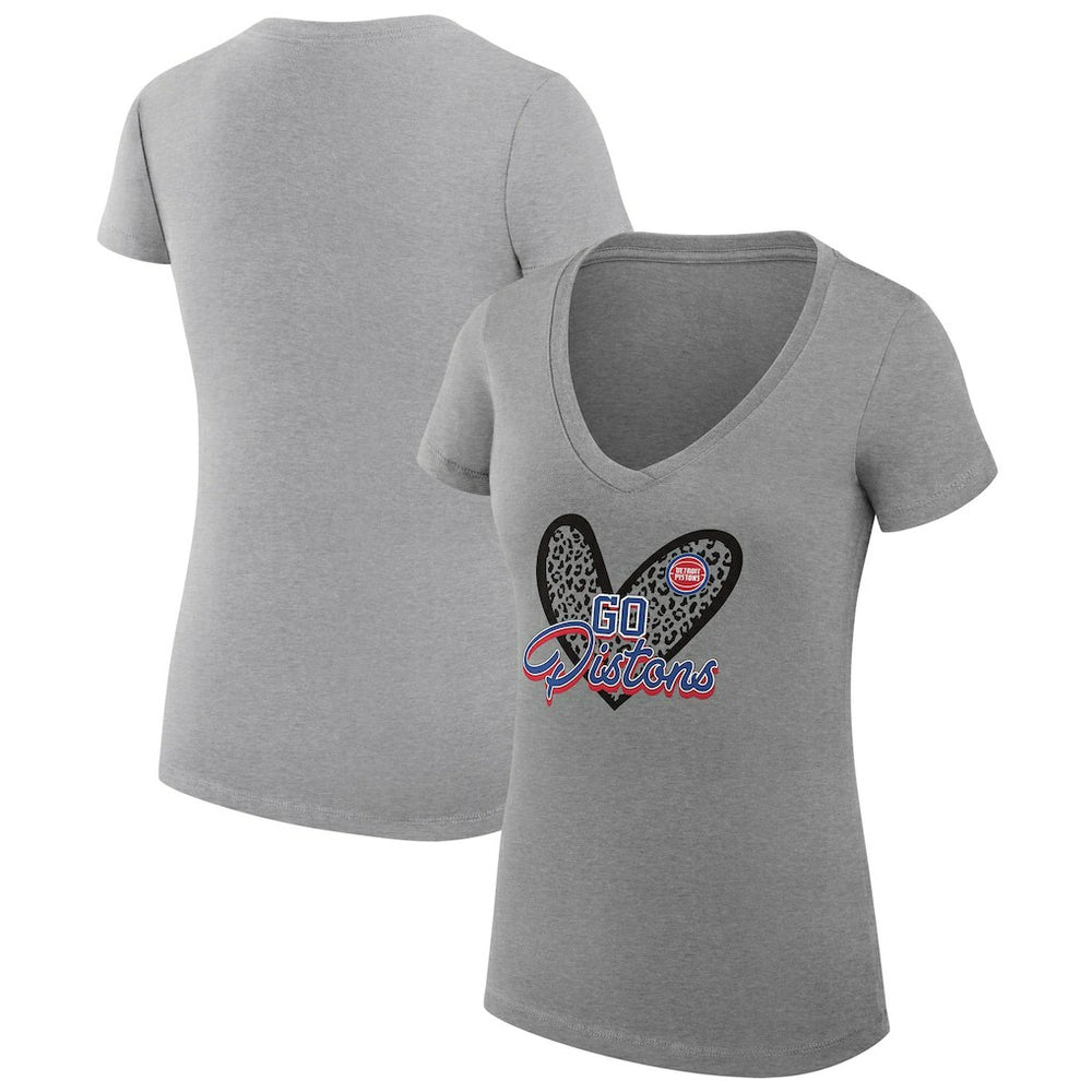 Detroit Pistons G-III 4Her by Carl Banks Women's Super-Slim Fit Lightweight Leopard Heart V-Neck T-Shirt Heather Gray