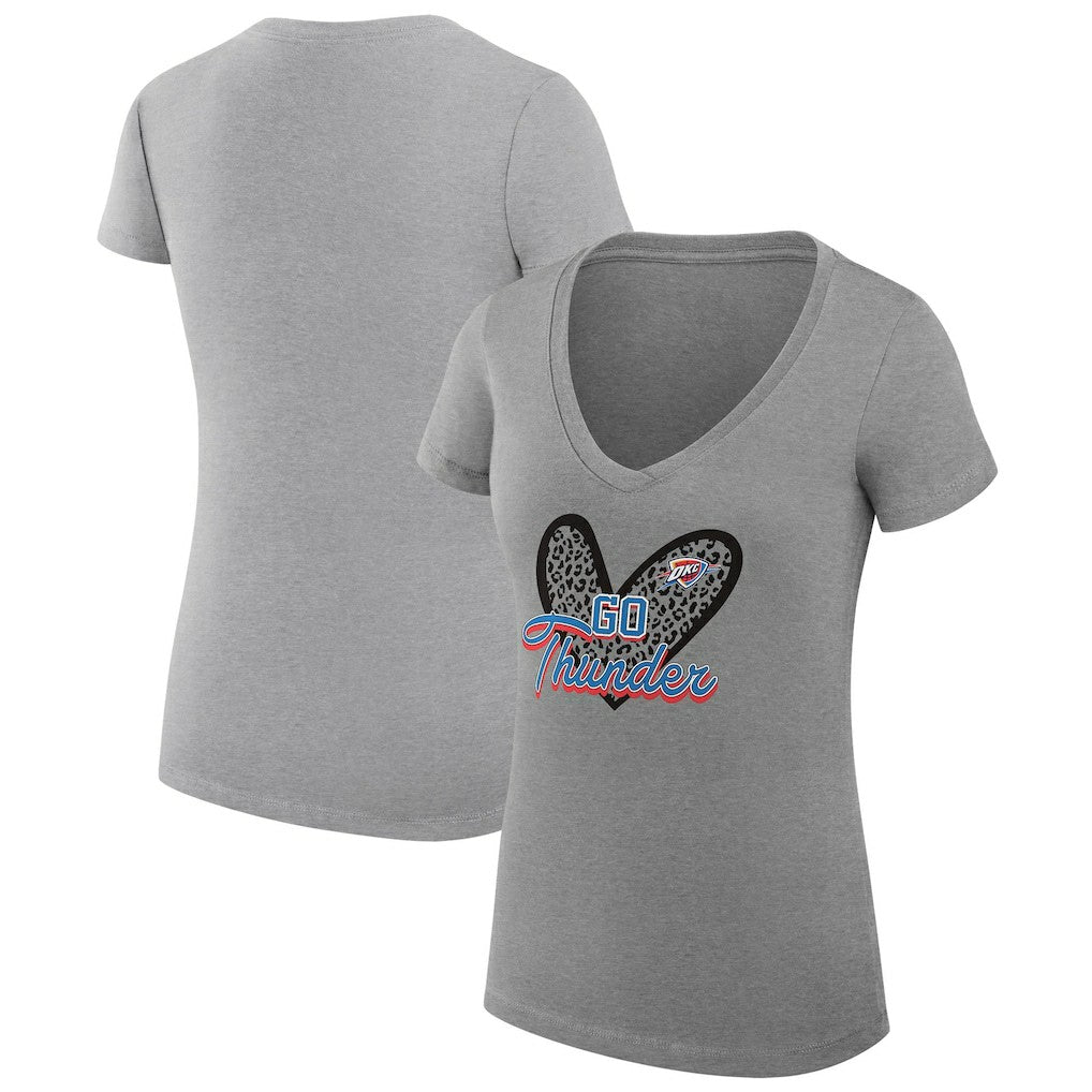 Oklahoma City Thunder G-III 4Her by Carl Banks Women's Super-Slim Fit Lightweight Leopard Heart V-Neck T-Shirt Heather Gray