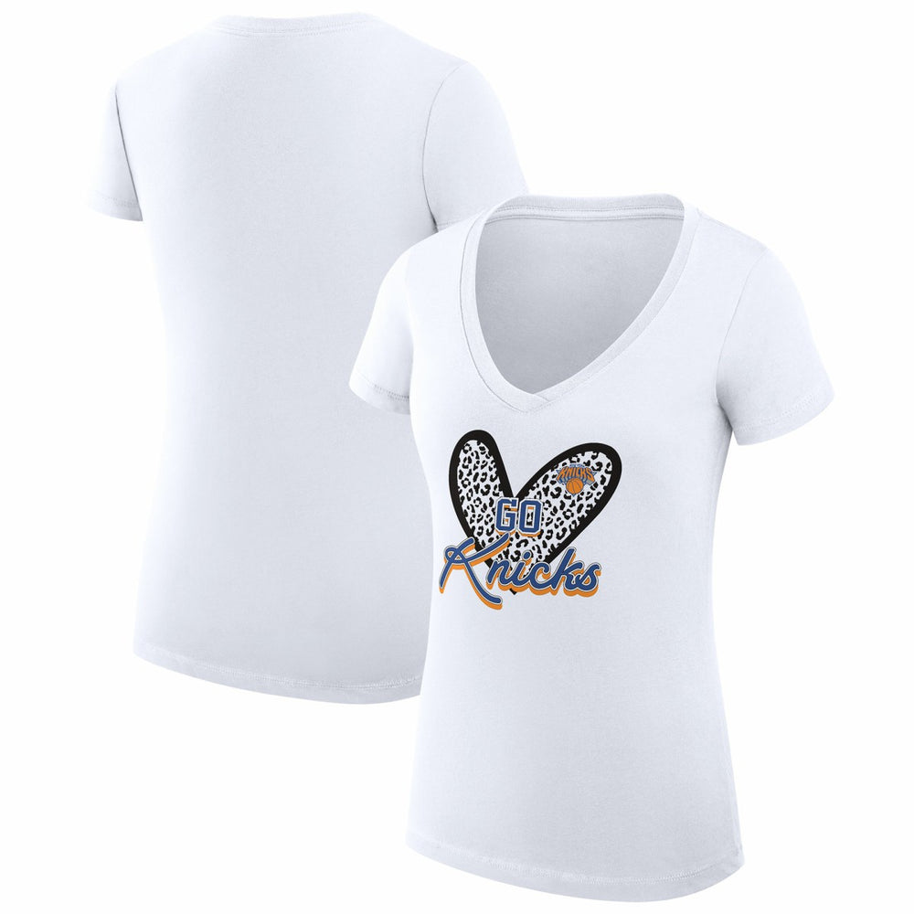 New York Knicks G-III 4Her by Carl Banks Women's Super-Slim Fit Lightweight Leopard Heart V-Neck T-Shirt White
