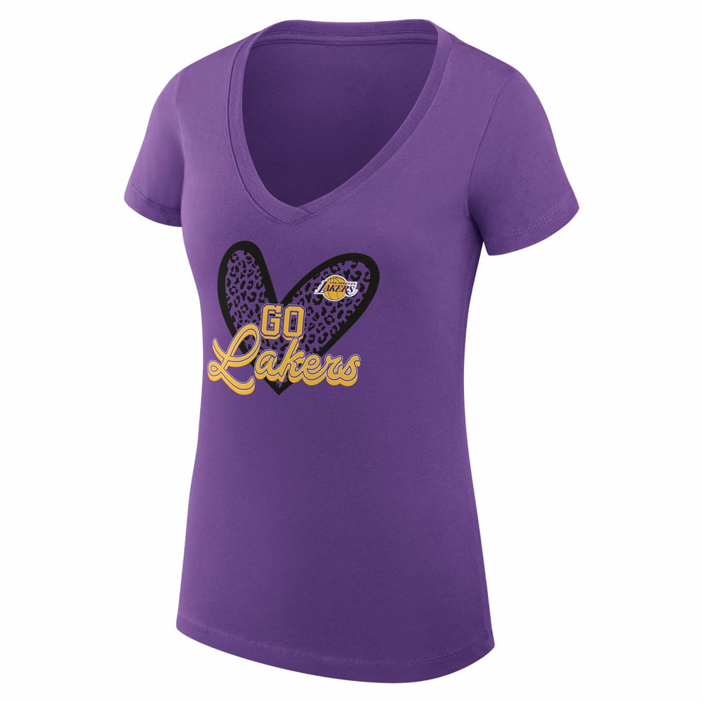 Los Angeles Lakers G-III 4Her by Carl Banks Women's Super-Slim Fit Lightweight Leopard Heart V-Neck T-Shirt Purple