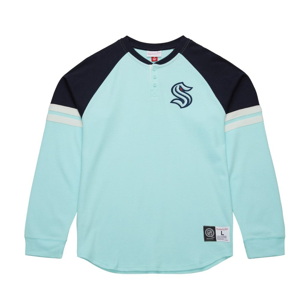 Seattle Kraken Mitchell & Ness Thermal Henley Long Sleeve T-Shirt - Light Blue | NHL Clearance