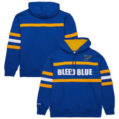 St. Louis Blues Mitchell & Ness Head Coach Slogan Pullover Hoodie - Blue | NHL Lifestyle