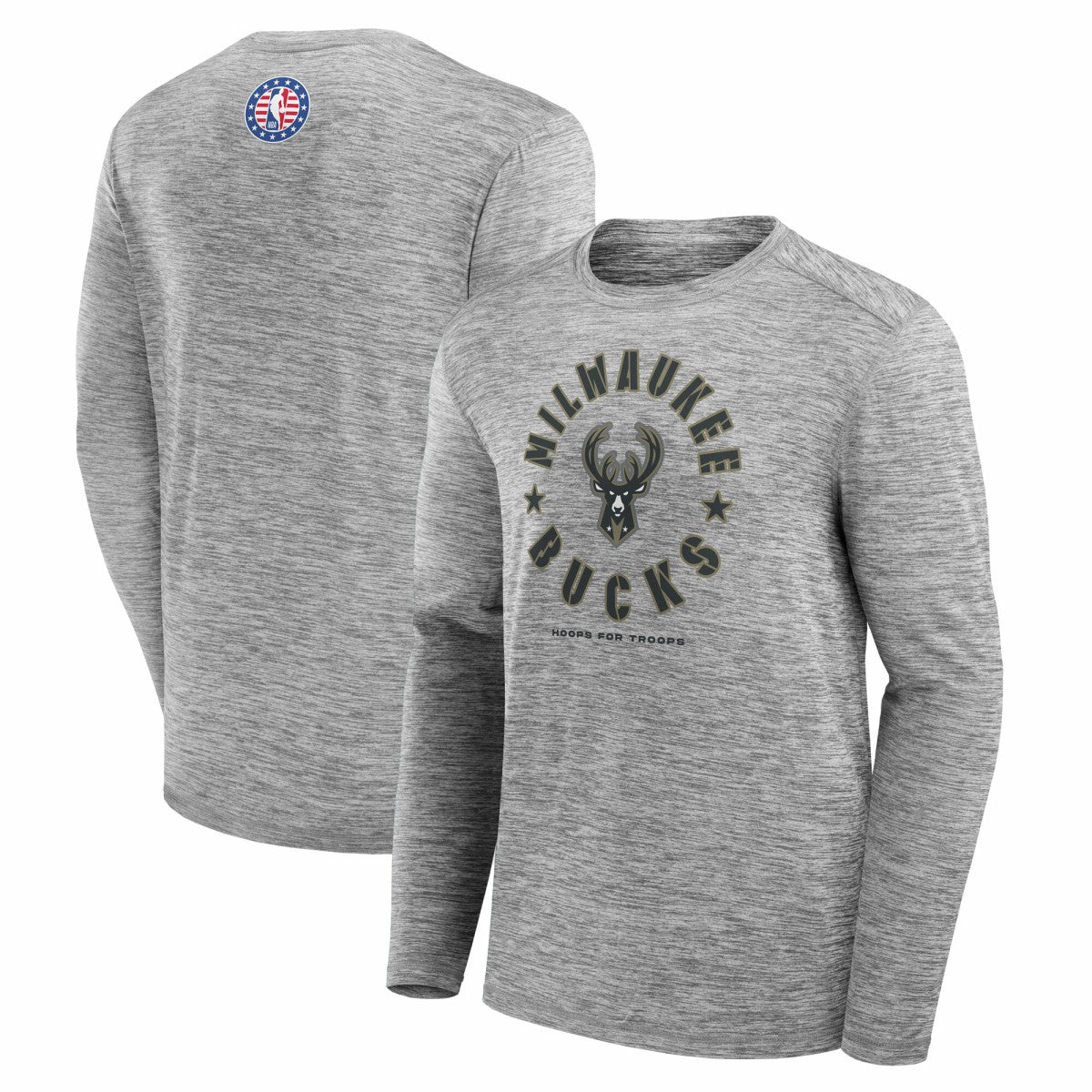 Fanatics Milwaukee Bucks NBA Hoops for Troops Long Sleeve T-Shirt Heather Gray