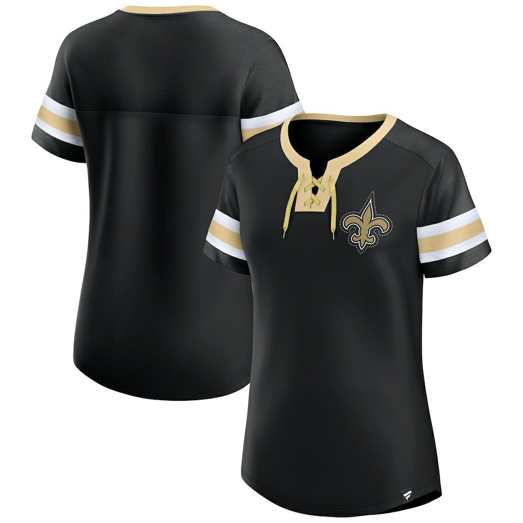 New Orleans Saints Women's Bling Athena Jersey Style Lace-up T-Shirt - Black - Fanatics