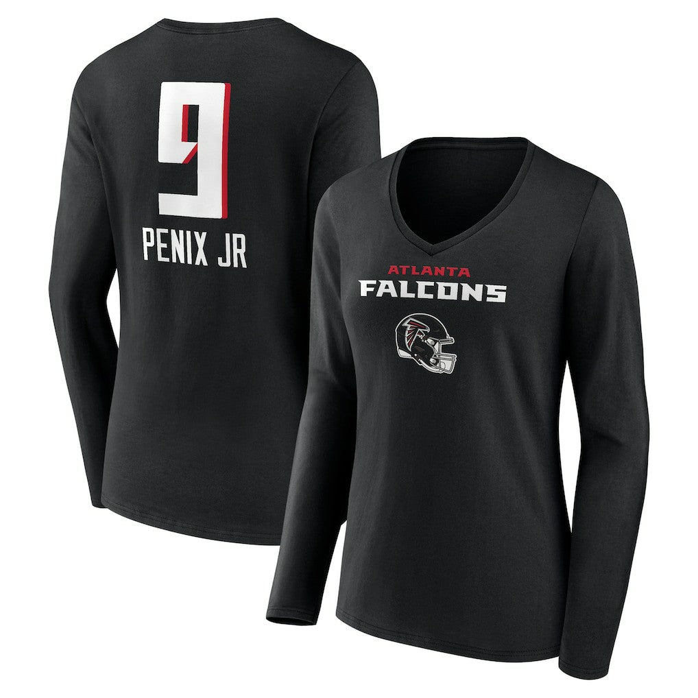 Michael Penix Jr. Atlanta Falcons Women's Name & Number Team Wordmark Long Sleeve V-Neck T-Shirt - Black - NFL