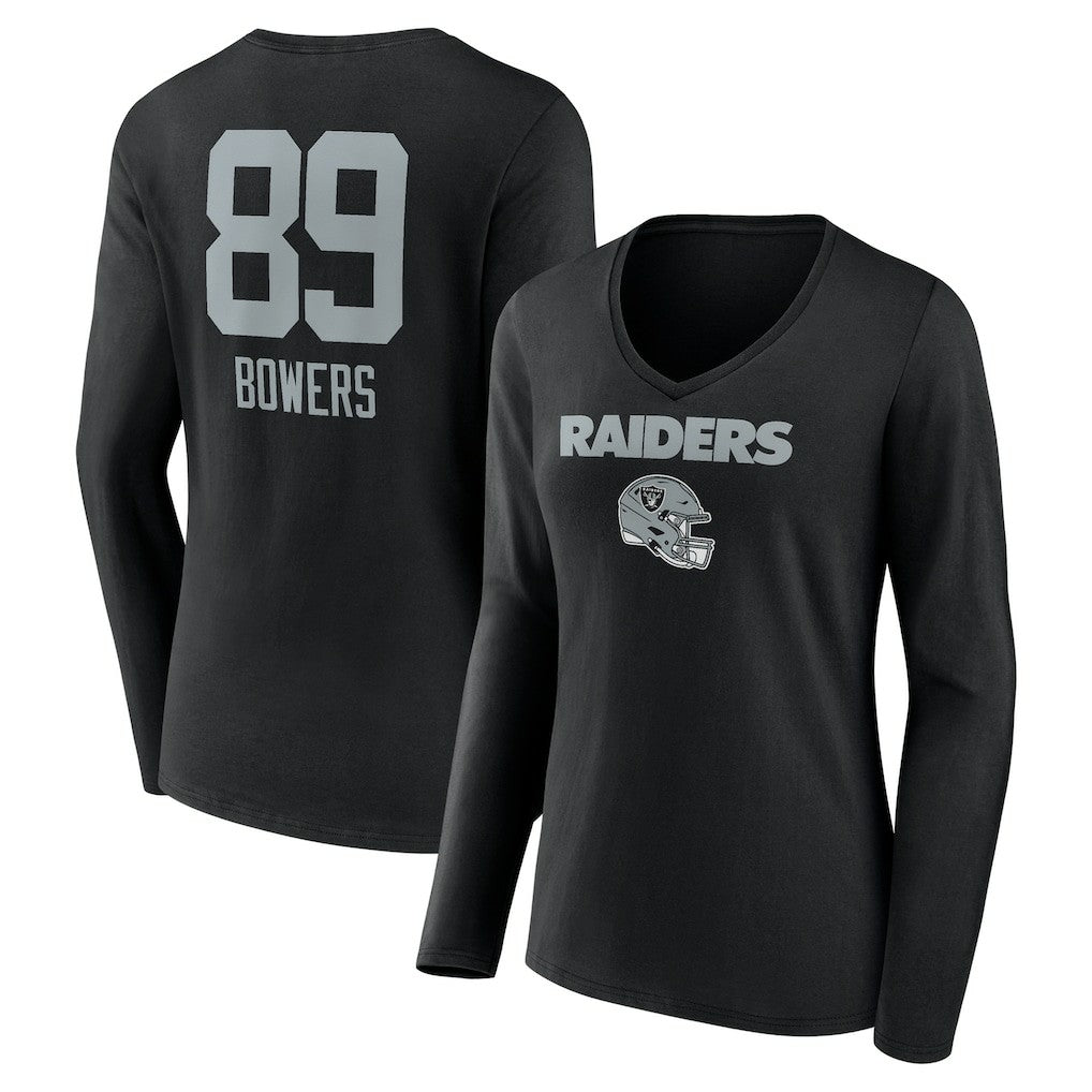 Brock Bowers Las Vegas Raiders Women's Name & Number Team Wordmark Long Sleeve V-Neck T-Shirt - Black - NFL