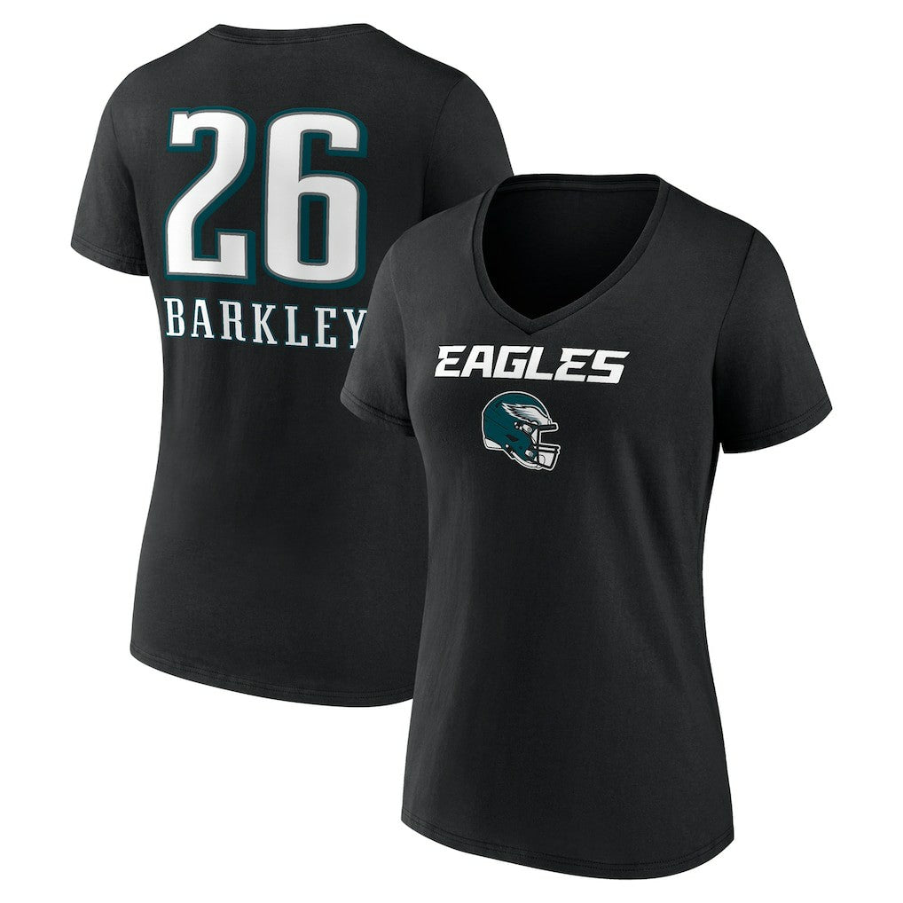 Saquon Barkley Philadelphia Eagles Women's Name & Number Team Wordmark V-Neck T-Shirt - Black - NFL