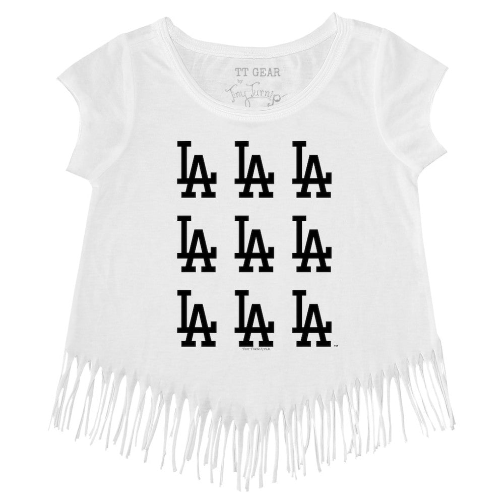 Los Angeles Dodgers Tiny Turnip Girls Youth Logo Grid Fringe T-Shirt for sale