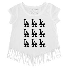 Los Angeles Dodgers Tiny Turnip Girls Youth Logo Grid Fringe T-Shirt for sale