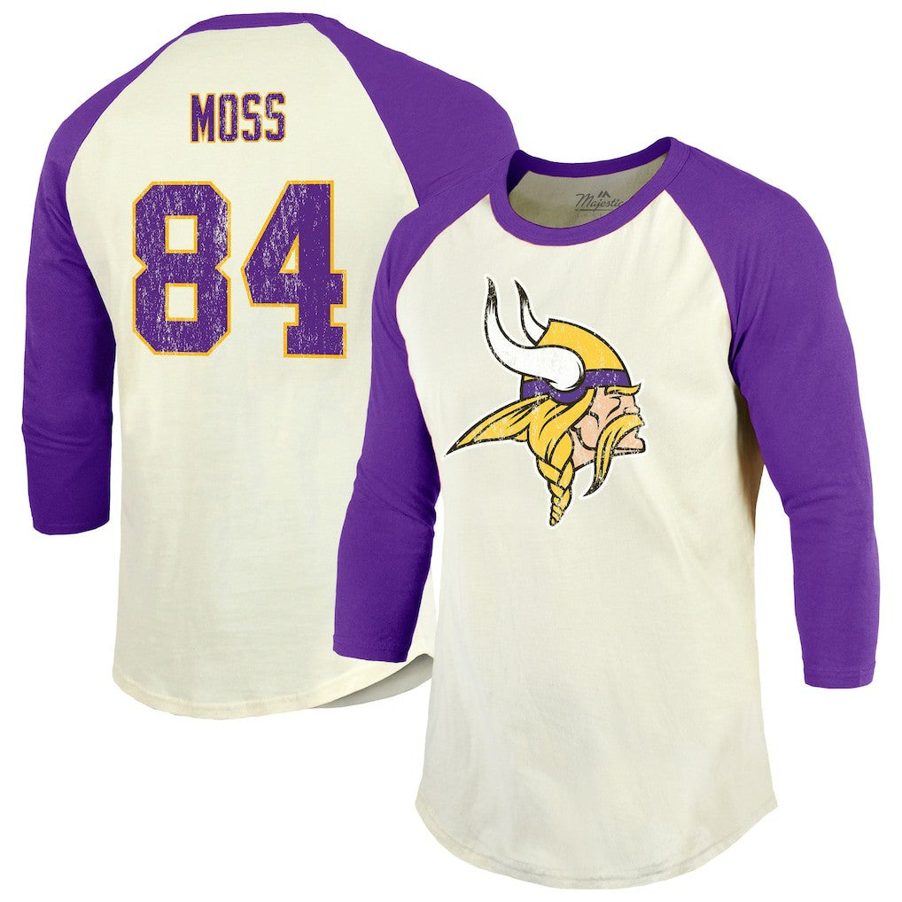 Randy Moss Minnesota Vikings Majestic Threads Retired Player Name & Number 3/4 Raglan Sleeve T-Shirt  - Cream/Purple - NFL