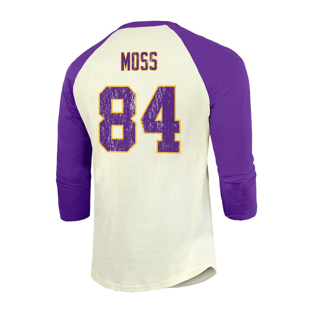 Randy Moss Minnesota Vikings Majestic Threads Retired Player Name & Number 3/4 Raglan Sleeve T-Shirt  - Cream/Purple - NFL