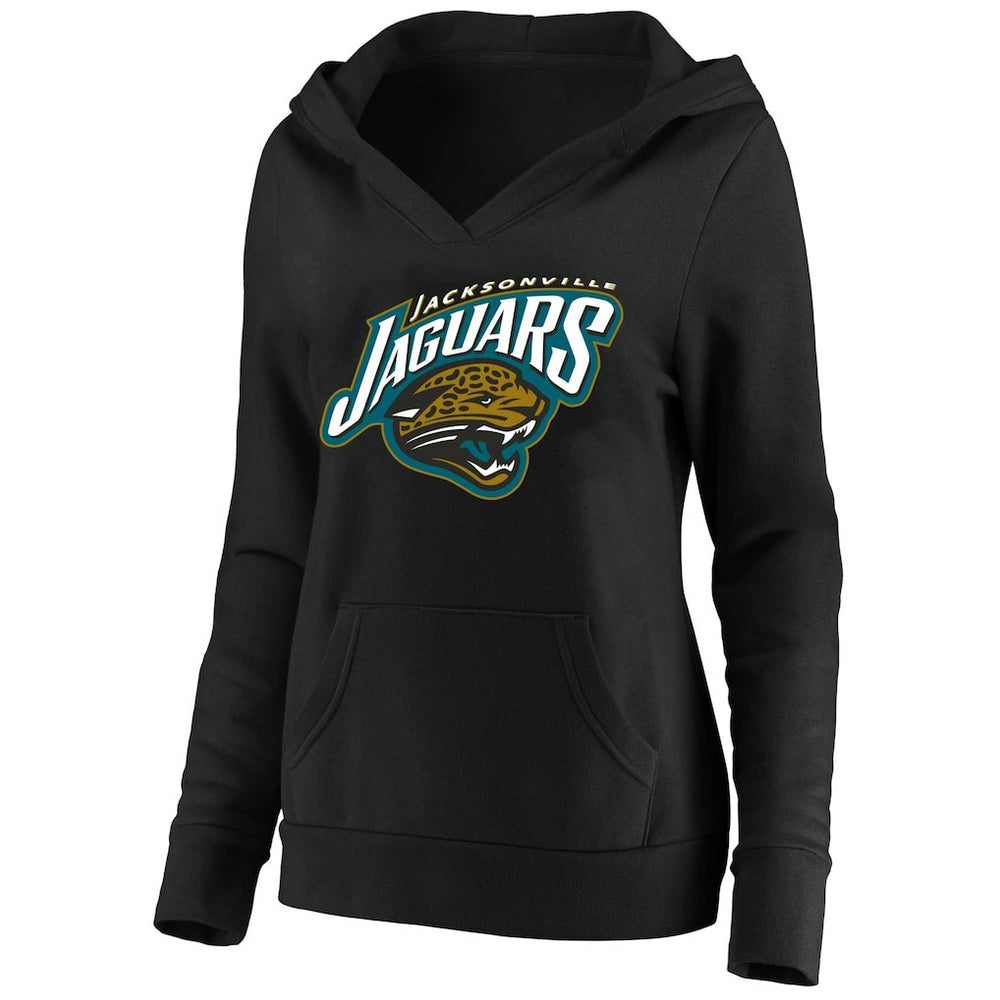 Jacksonville Jaguars Women's Classic Logo V-Neck Pullover Hoodie - Black - Mitchell & Ness