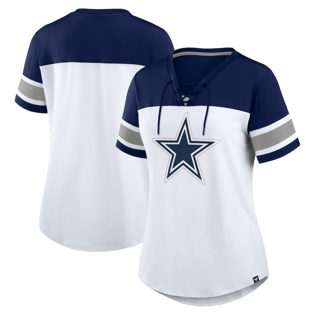 Dallas Cowboys Women's Athena Rhinestone Lace-Up V-Neck T-Shirt - White/Navy - Fanatics