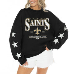 New Orleans Saints Gameday Couture Women's Rhinestone Star Sleeve Settle the Score Oversized Tri-Blend Pullover - Black - NFL