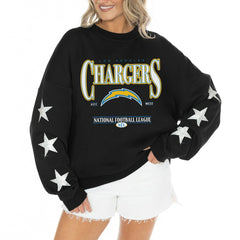 Los Angeles Chargers Gameday Couture Women's Rhinestone Star Sleeve Settle the Score Oversized Tri-Blend Pullover - Black - NFL