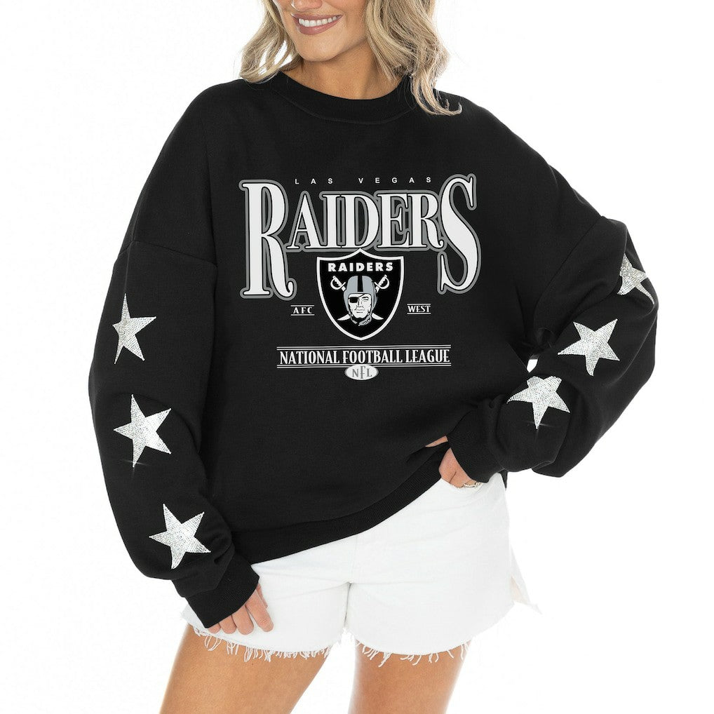 Las Vegas Raiders Gameday Couture Women's Rhinestone Star Sleeve Settle the Score Oversized Tri-Blend Pullover - Black - NFL