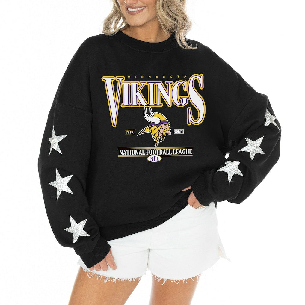 Minnesota Vikings Gameday Couture Women's Rhinestone Star Sleeve Settle the Score Oversized Tri-Blend Pullover - Black - NFL