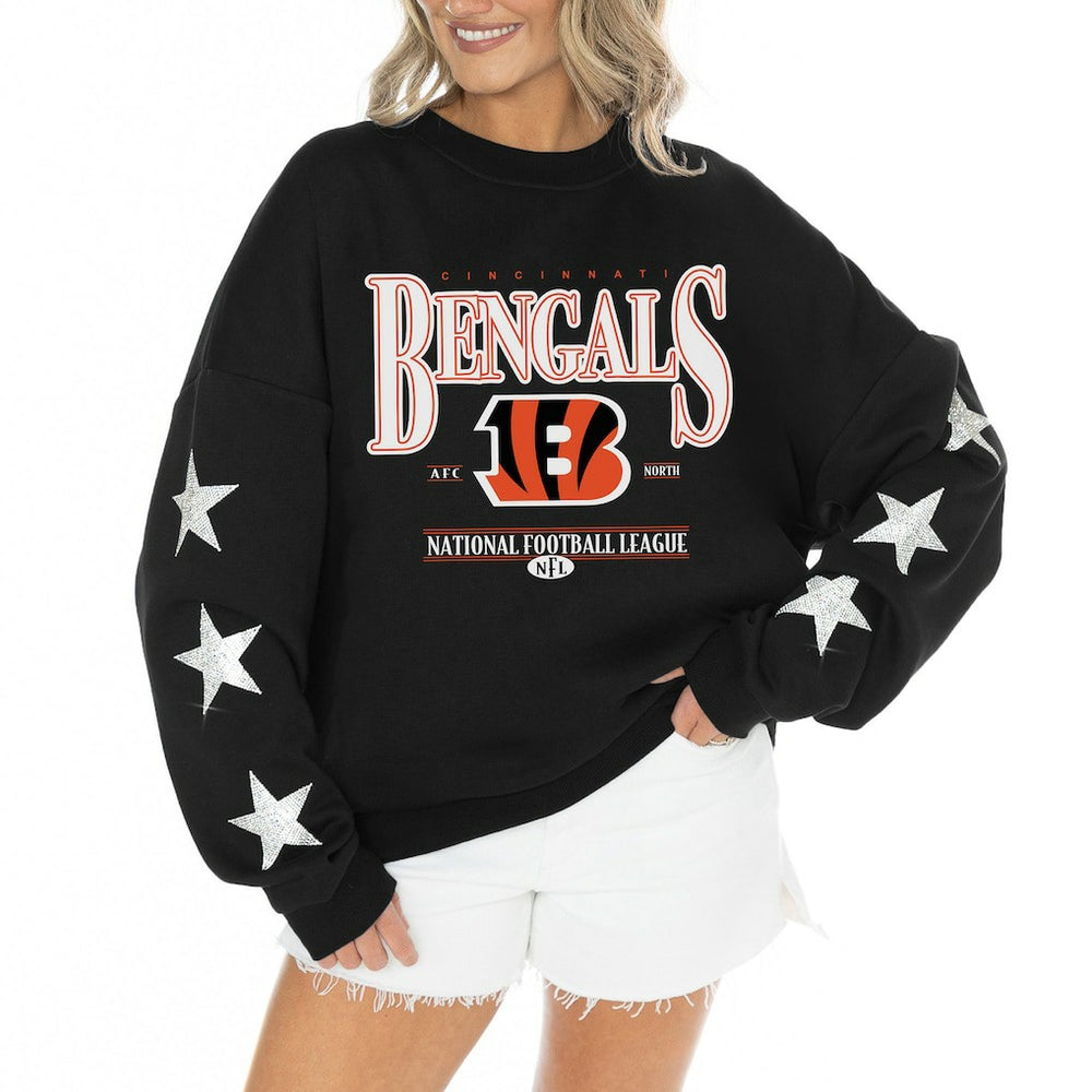 Cincinnati Bengals Gameday Couture Women's Rhinestone Star Sleeve Settle the Score Oversized Tri-Blend Pullover - Black - NFL