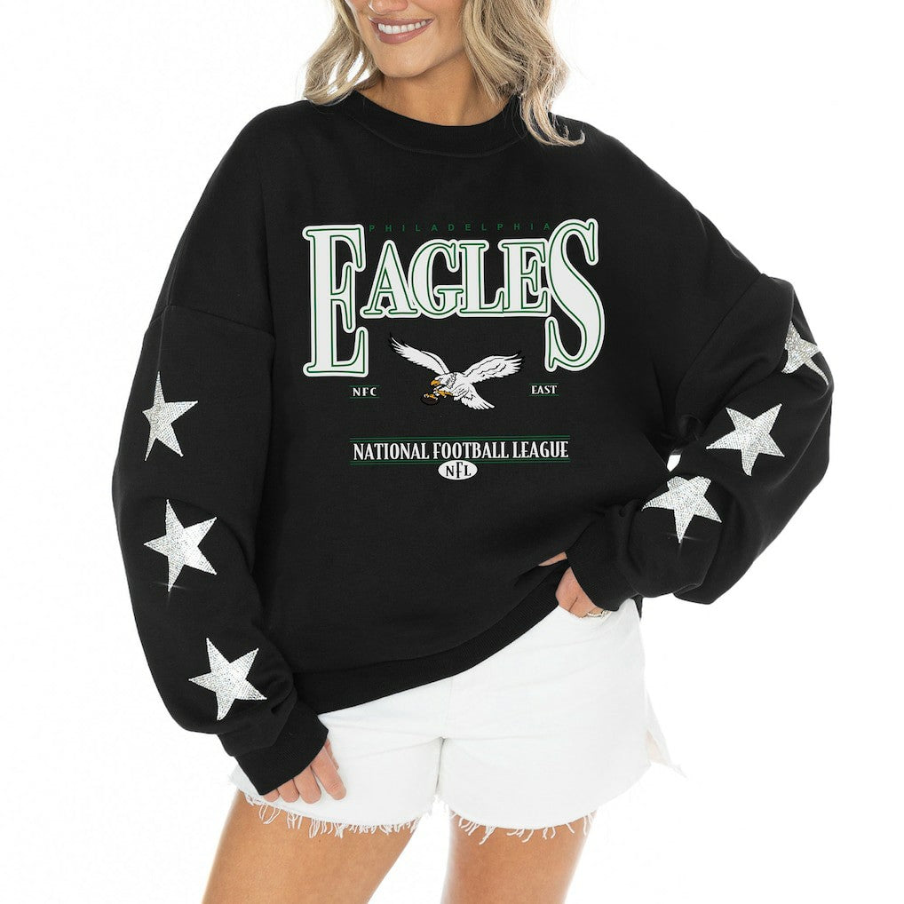 Philadelphia Eagles Gameday Couture Women's Rhinestone Star Sleeve Settle the Score Oversized Tri-Blend Pullover - Black - NFL