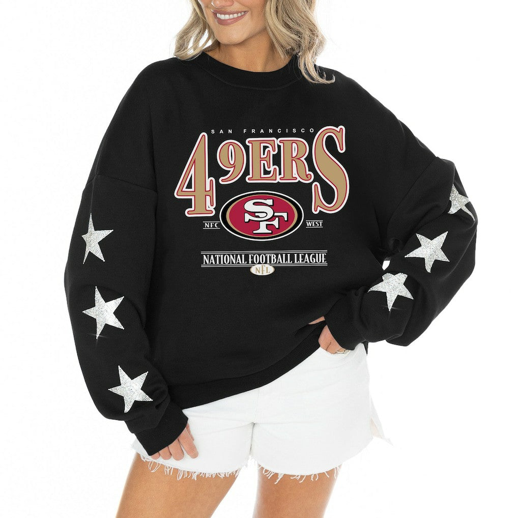 San Francisco 49ers Gameday Couture Women's Rhinestone Star Sleeve Settle the Score Oversized Tri-Blend Pullover - Black - NFL