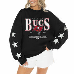 Tampa Bay Buccaneers Gameday Couture Women's Rhinestone Star Sleeve Settle the Score Oversized Tri-Blend Pullover - Black - NFL