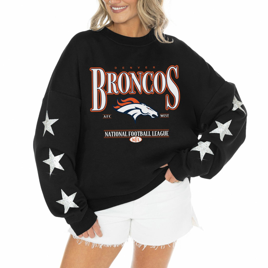 Denver Broncos Gameday Couture Women's Rhinestone Star Sleeve Settle the Score Oversized Tri-Blend Pullover - Black - NFL