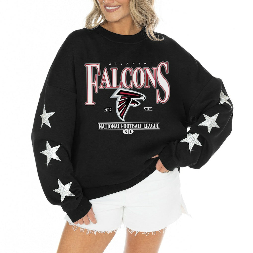 Atlanta Falcons Gameday Couture Women's Rhinestone Star Sleeve Settle the Score Oversized Tri-Blend Pullover - Black - NFL