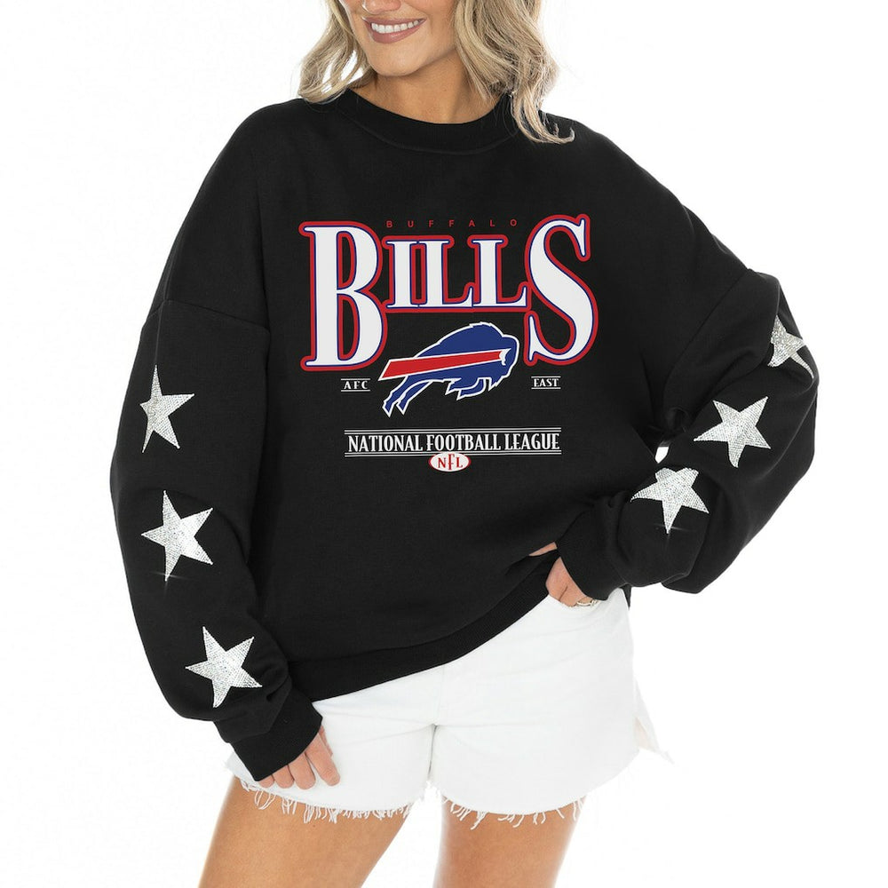 Buffalo Bills Gameday Couture Women's Rhinestone Star Sleeve Settle the Score Oversized Tri-Blend Pullover - Black - NFL
