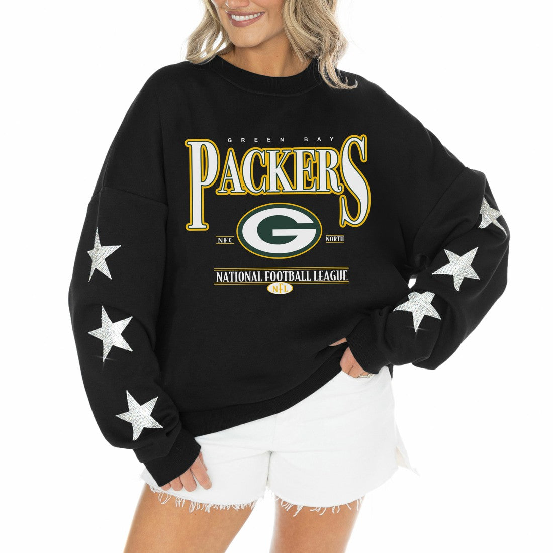 Green Bay Packers Gameday Couture Women's Rhinestone Star Sleeve Settle the Score Oversized Tri-Blend Pullover - Black - NFL