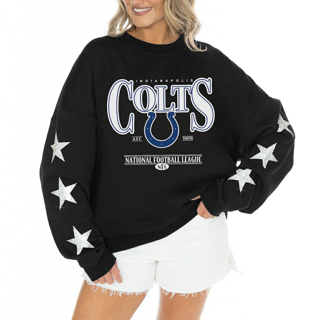 Indianapolis Colts Gameday Couture Women's Rhinestone Star Sleeve Settle the Score Oversized Tri-Blend Pullover - Black - NFL