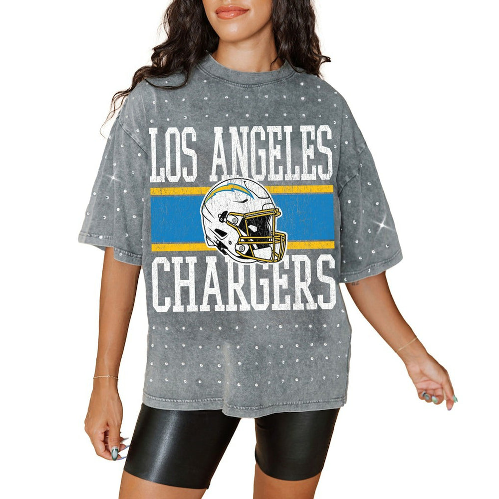 Los Angeles Chargers Gameday Couture Women's Oversized Mini Rhinestone Classic T-Shirt - Gray - NFL