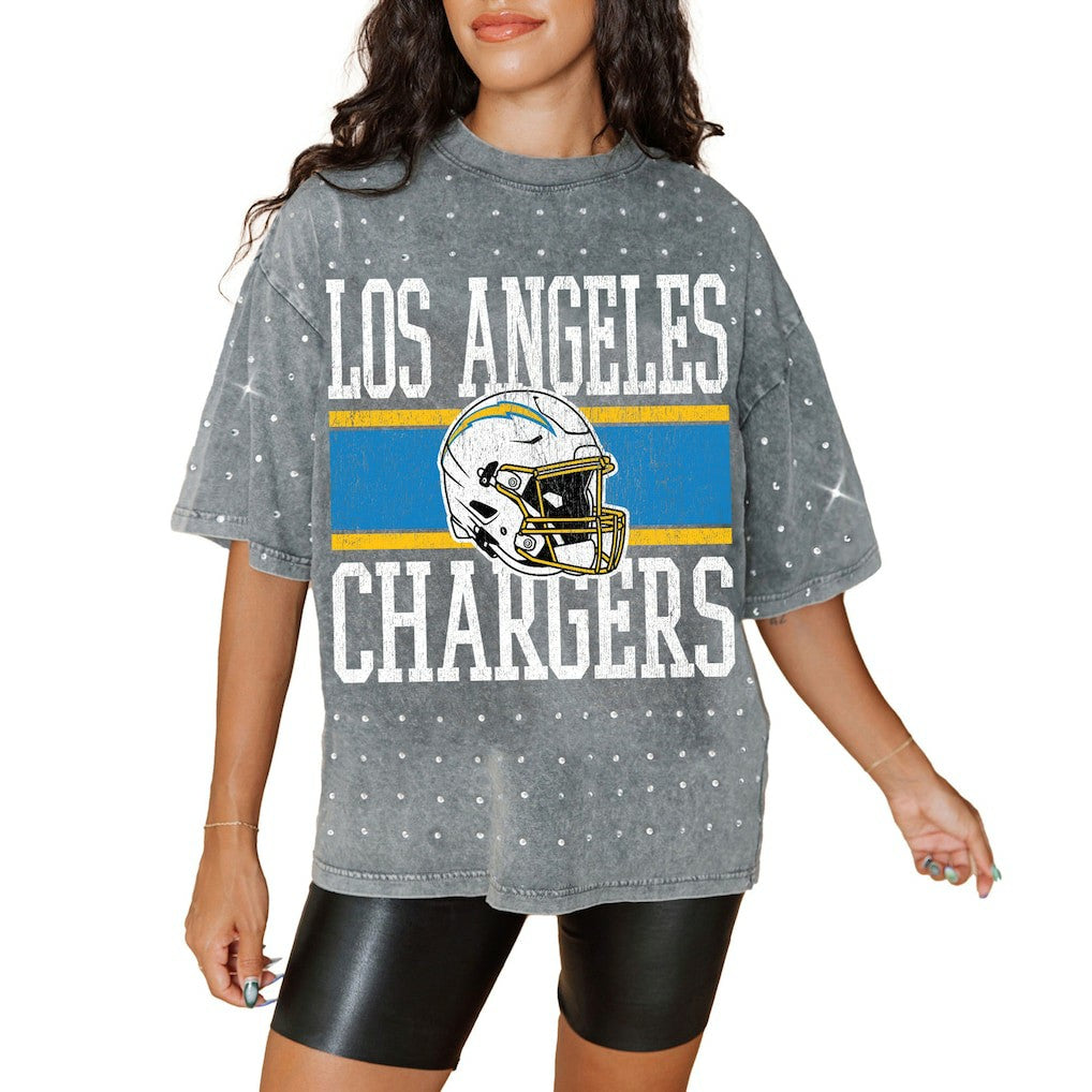 Los Angeles Chargers Gameday Couture Women's Oversized Mini Rhinestone Classic T-Shirt - Gray - NFL