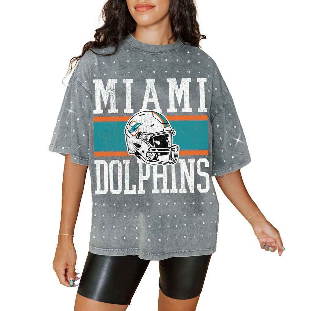 Miami Dolphins Gameday Couture Women's Oversized Mini Rhinestone Classic T-Shirt - Gray - NFL