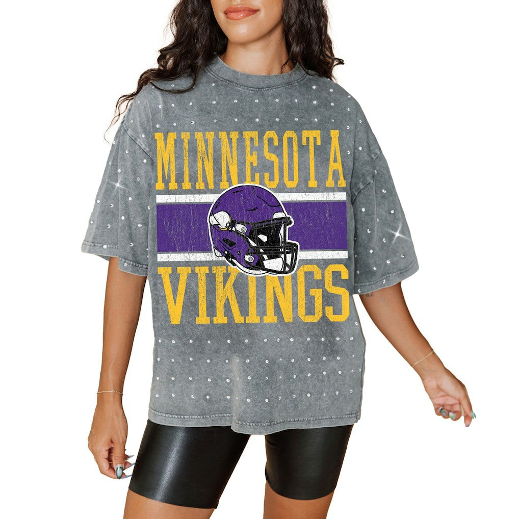 Minnesota Vikings Gameday Couture Women's Oversized Mini Rhinestone Classic T-Shirt - Gray - NFL